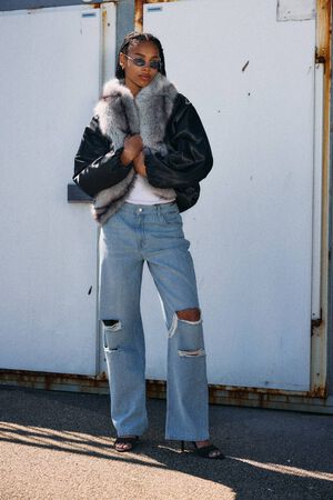 NMIVY FUR COLLAR LOOSE BOMBER