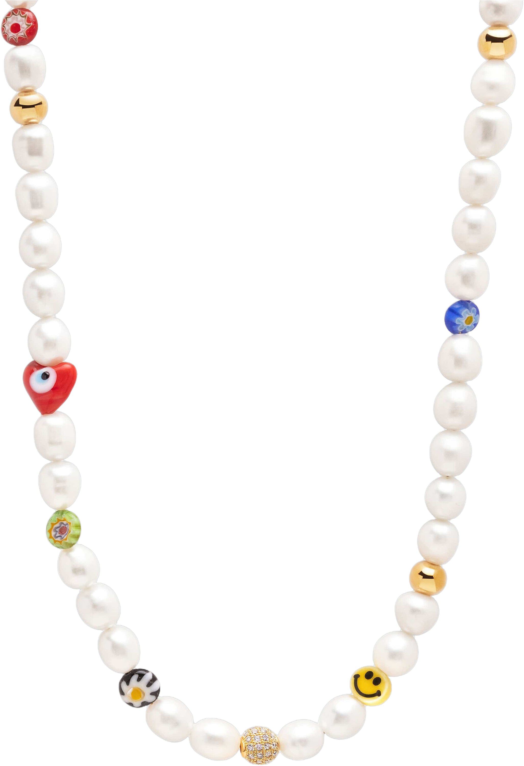 Men's Smiley Face Pearl Necklace with Assorted Beads