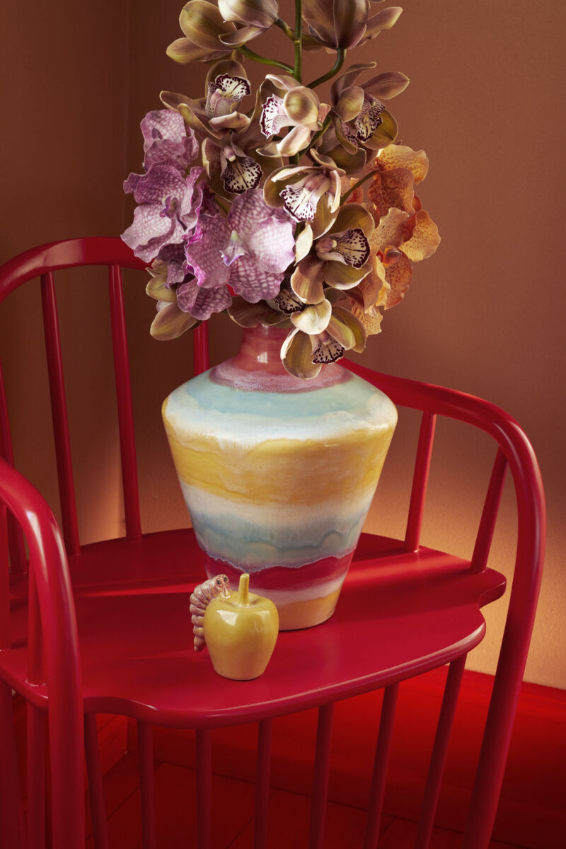 Poppery Vase med &aelig;ble H32 cm pink/mint/gul