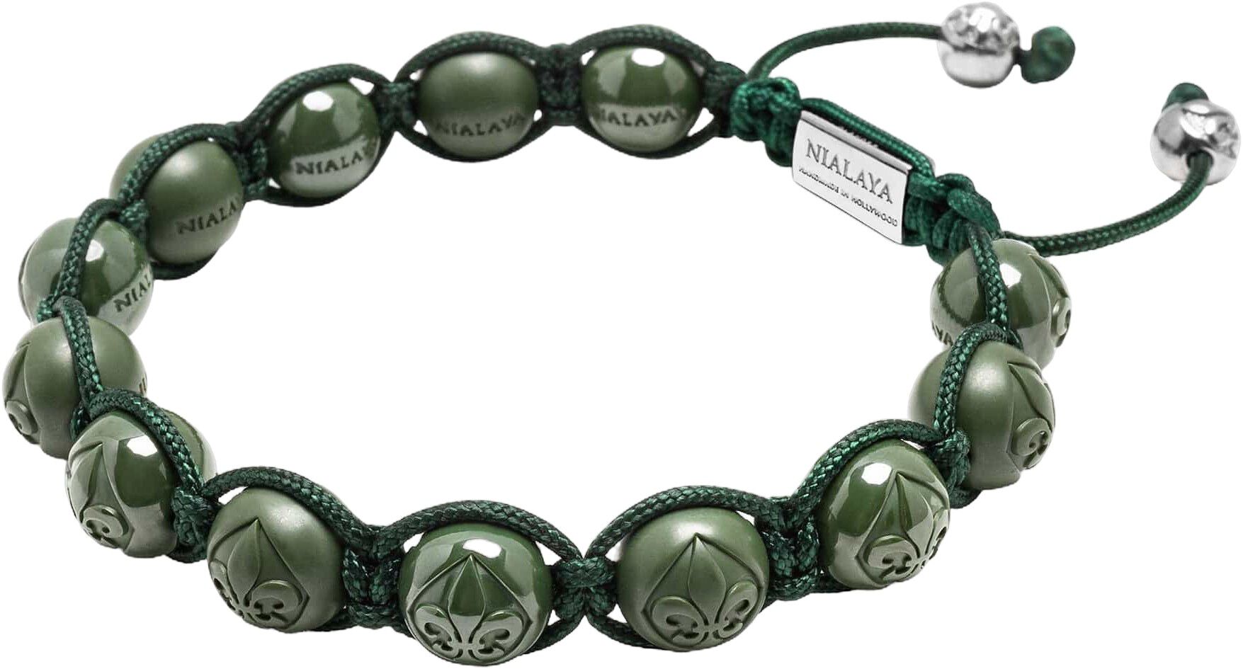 Men's Beaded Bracelet with Glossy Green, Matte Green Ceramic & Silver