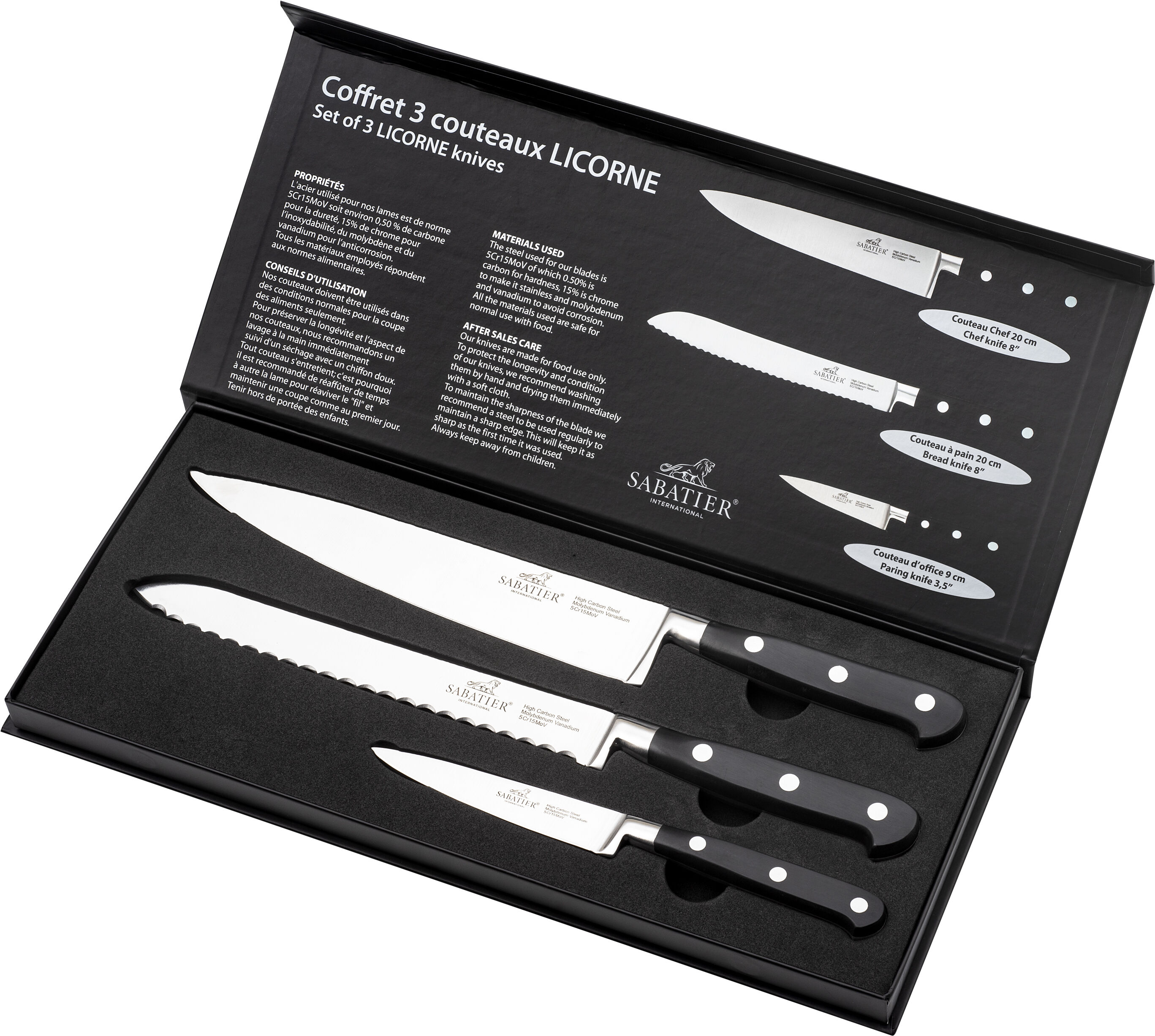 Knivsett Licorne 3 deler St&aring;l/Svart