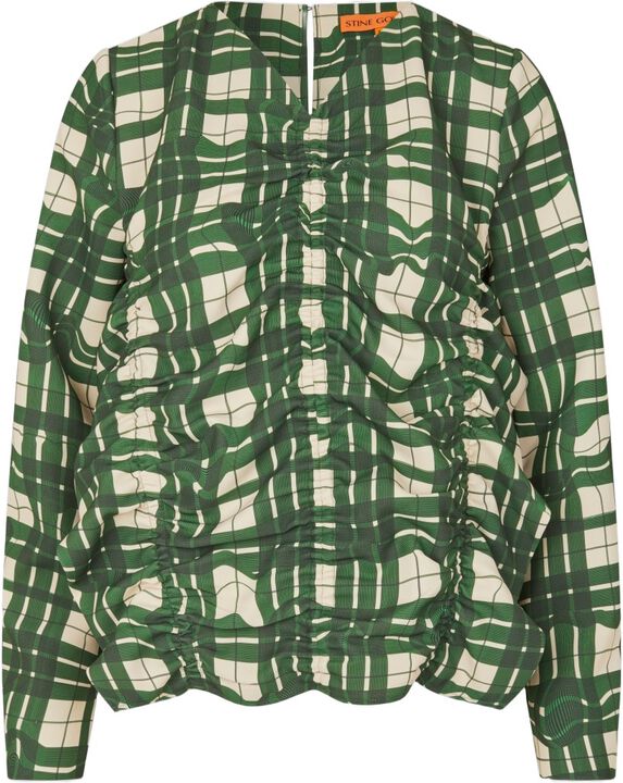 2429 Checkered Cady, Long Sleeve Gathered Ruffle Top