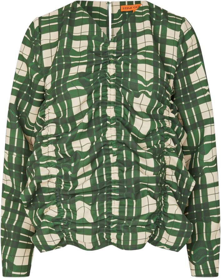 2429 Checkered Cady, Long Sleeve Gathered Ruffle Top