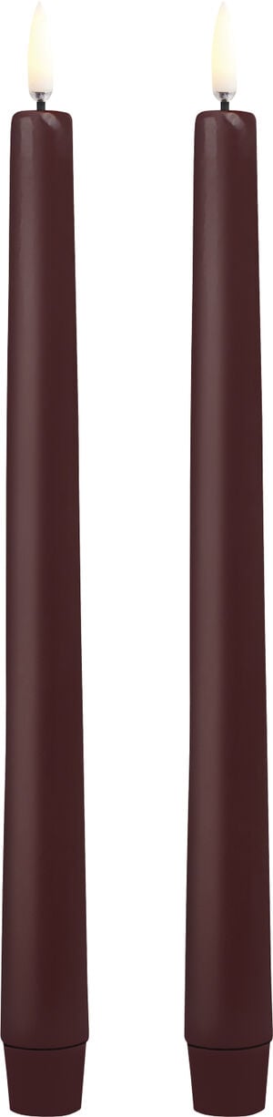 LED taper candle, Wine red, smooth, 2-pack, 2,3x25 cm