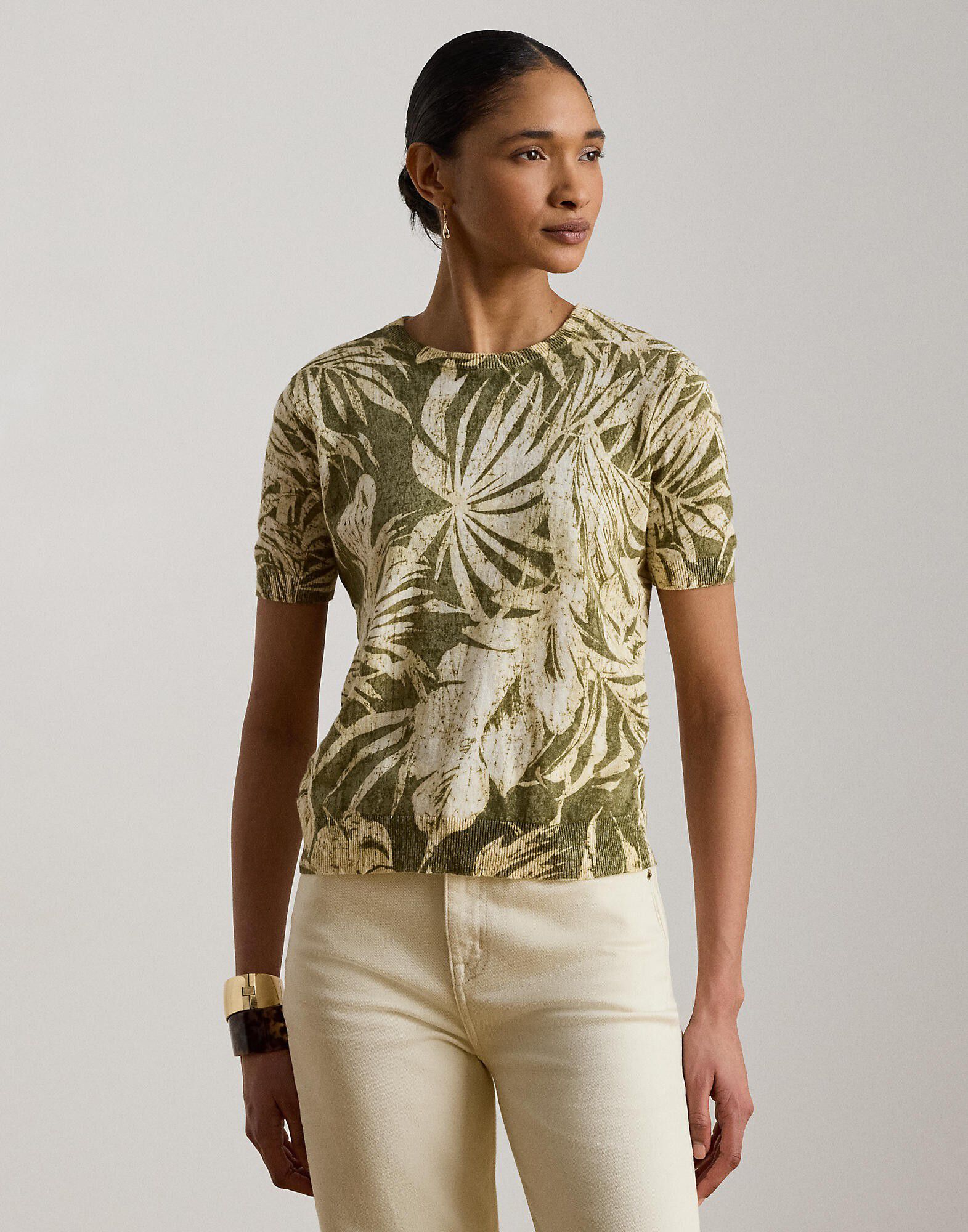 Palm-Frond-Print Short-Sleeve Sweater