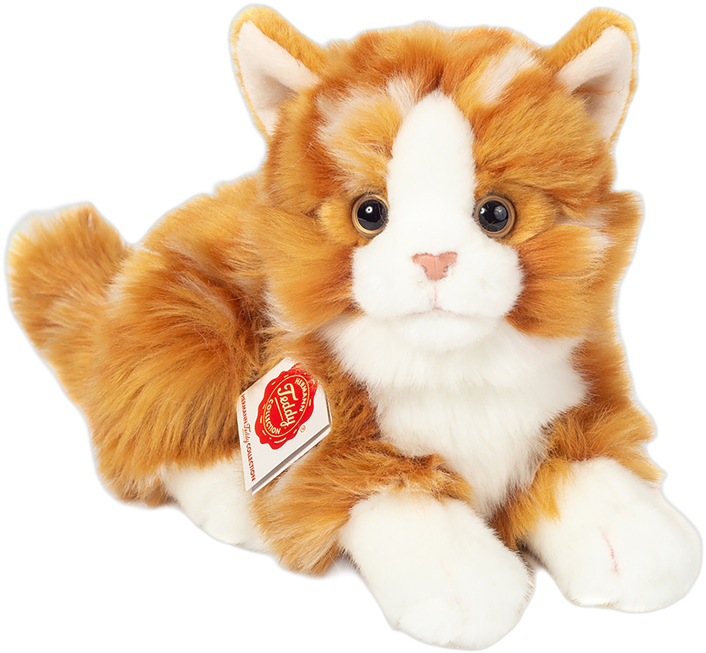 Teddy Hermann - Liggende kat r&oslash;dstribet 20 cm