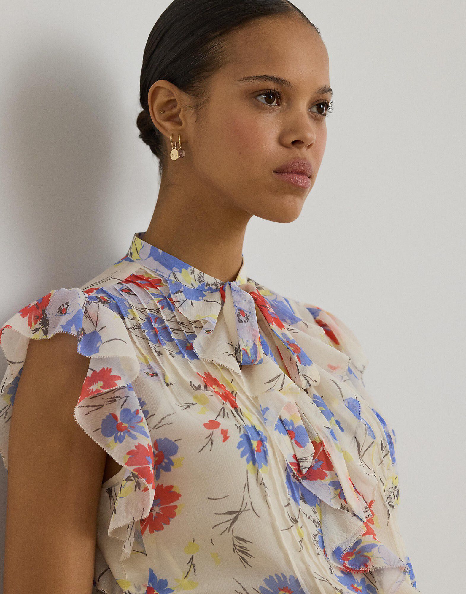 Floral Pintucked Tie-Neck Blouse