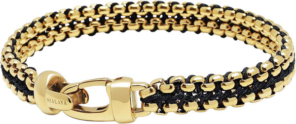 Men's Black Woven 8mm Box Chain Bracelet in Gold