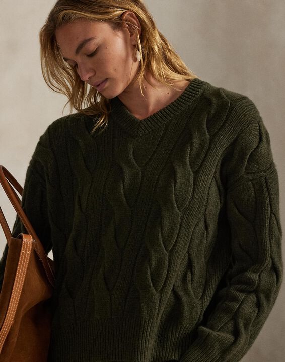 Cable-Knit Wool-Cashmere V-Neck Sweater