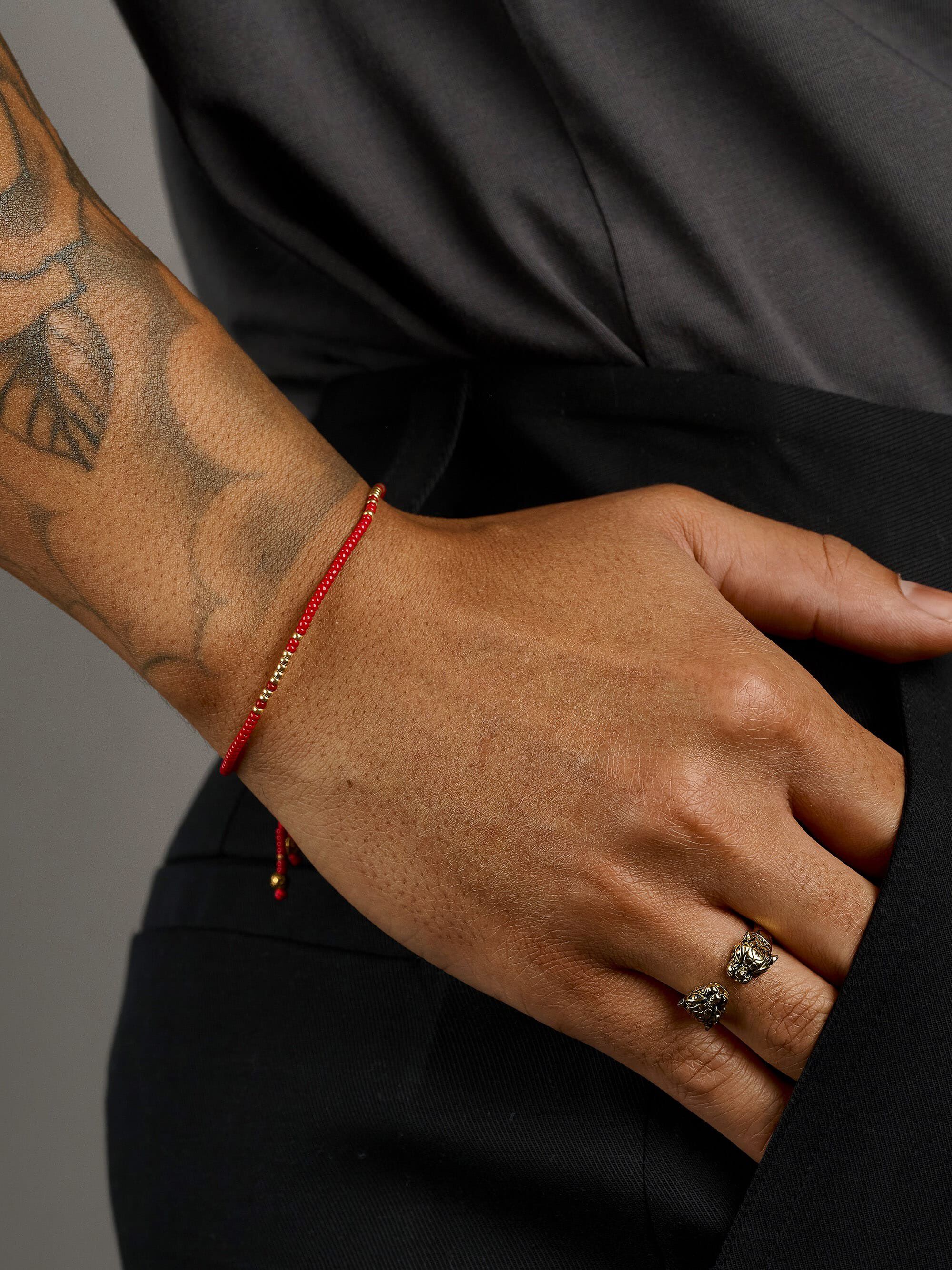 Red Beaded String Bracelet in Gold