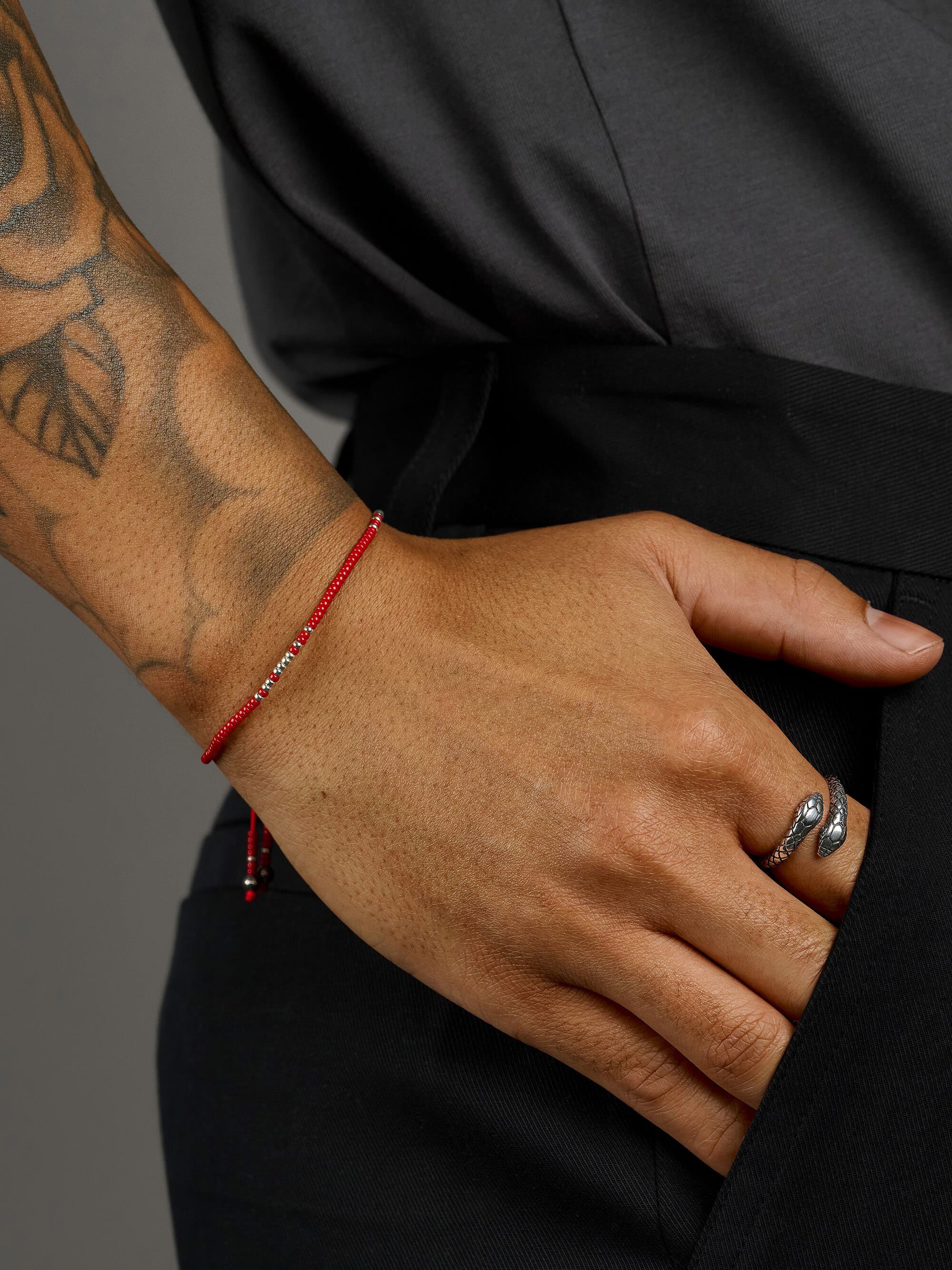 Red Beaded String Bracelet in Silver