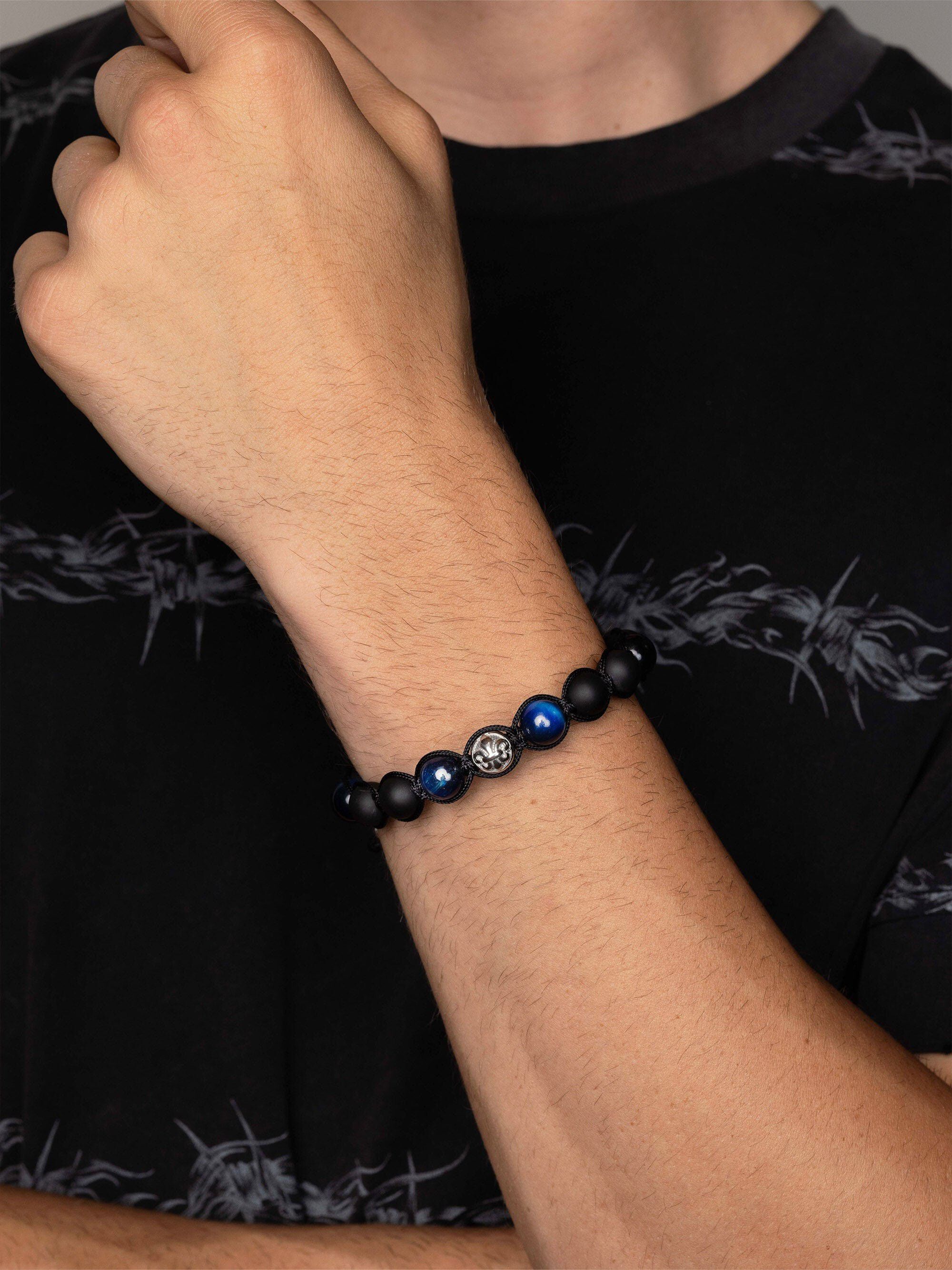 Men's Beaded Bracelet with Blue Tiger Eye and Black Onyx