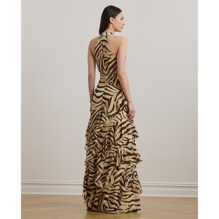 Zebra-Print Ruffle-Trim Georgette Gown
