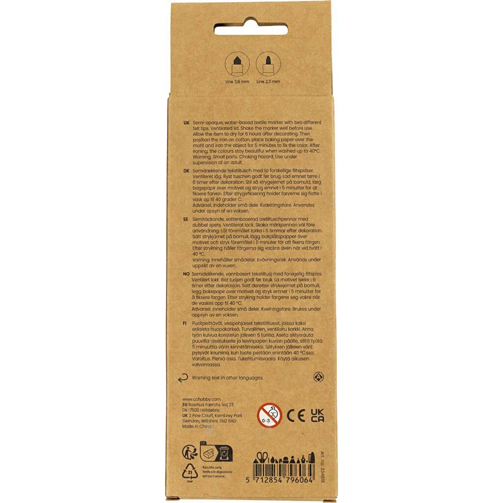 Tekstiltusch, streg 2,3+3,6, standardfarver, 6 stk.