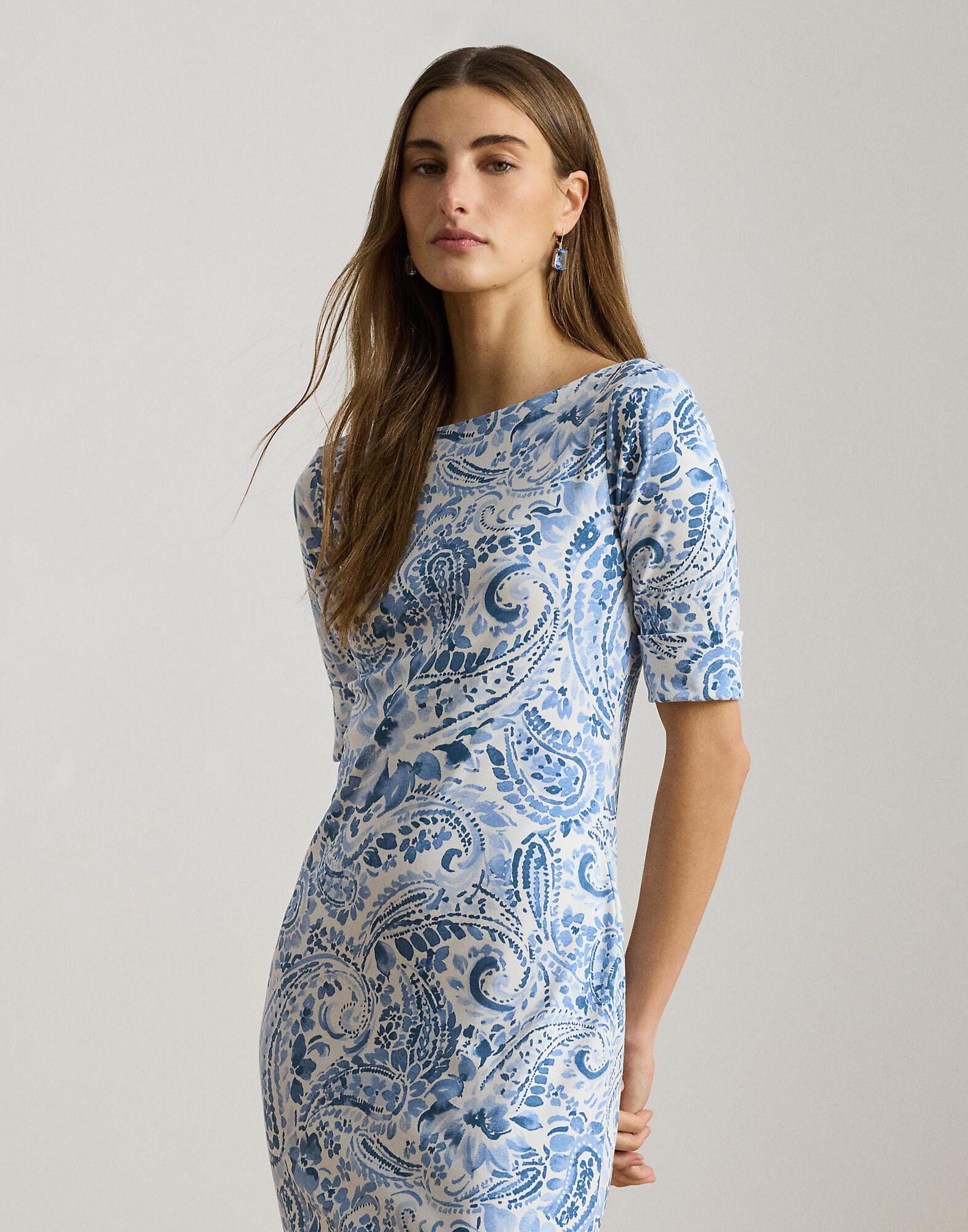 Paisley Cotton Boatneck Midi Dress