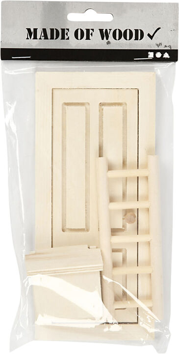 Dør, postkasse og stige, str. 8x18 cm.