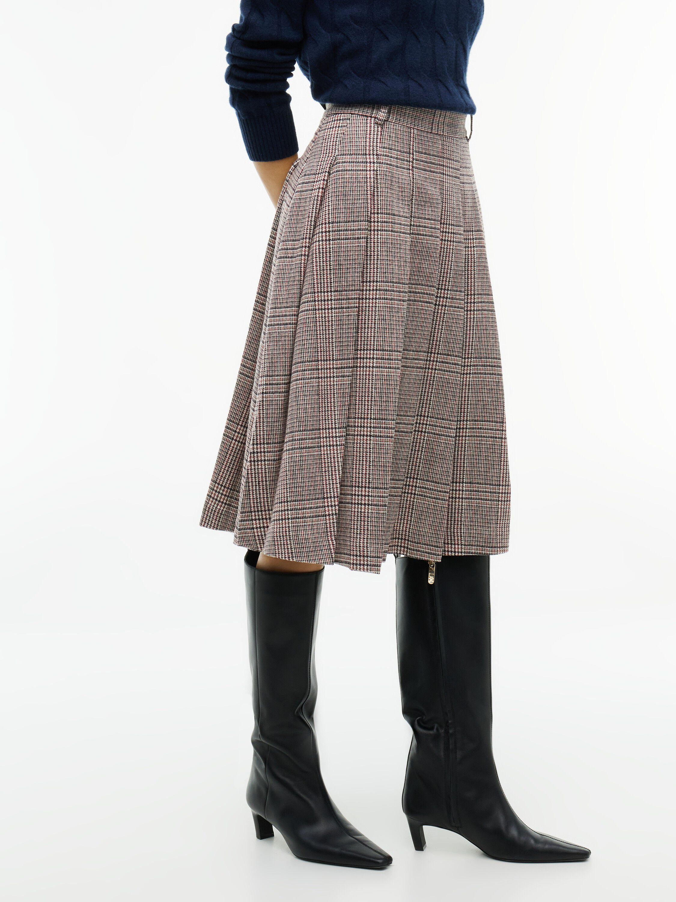 Textured Wool Blend Check Pleated Skirt
