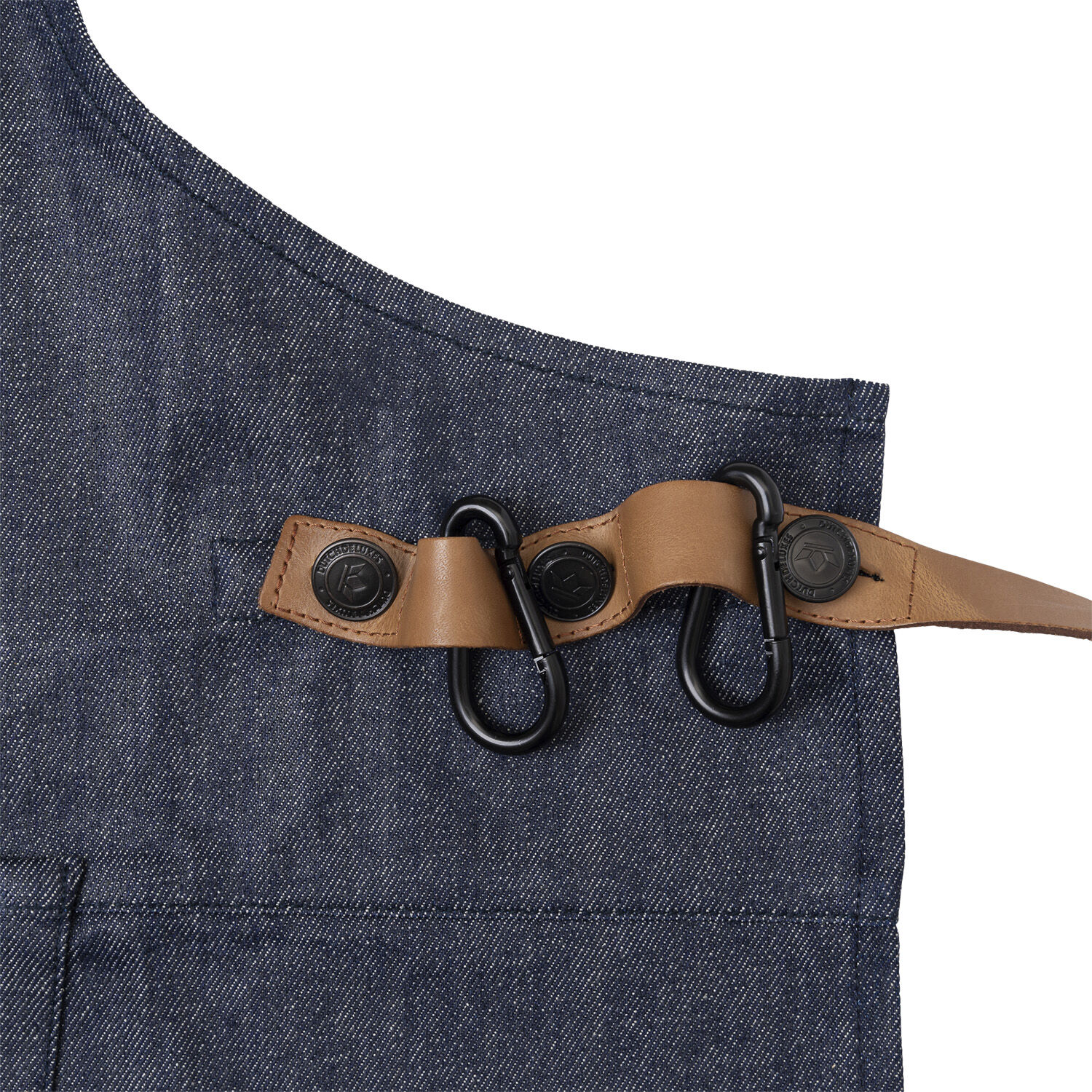 BBQ Style Apron, Denim Brut with leather straps in Cognac co