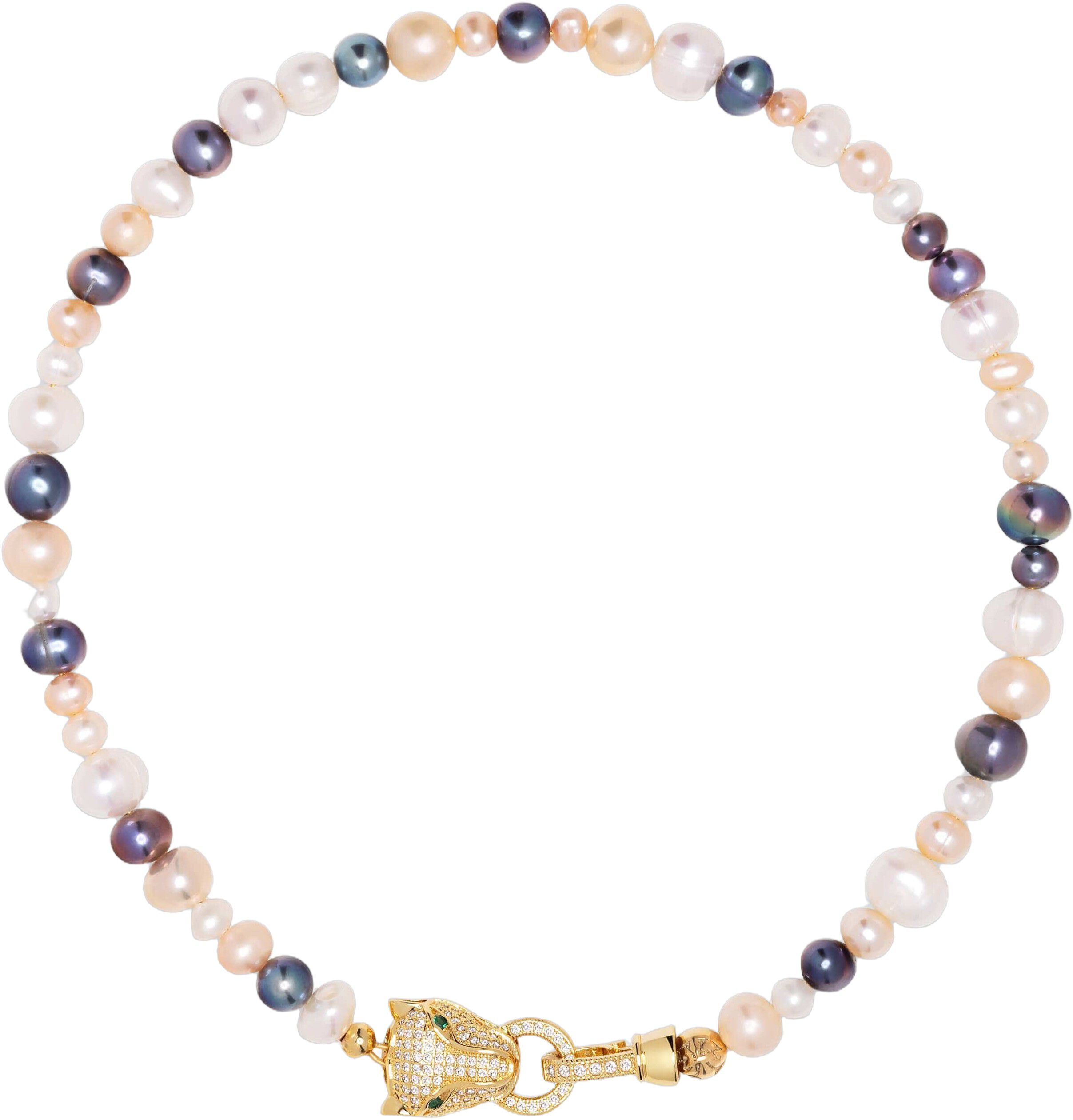 Women's Multi-Colored Pearl Choker with Gold Panther Head
