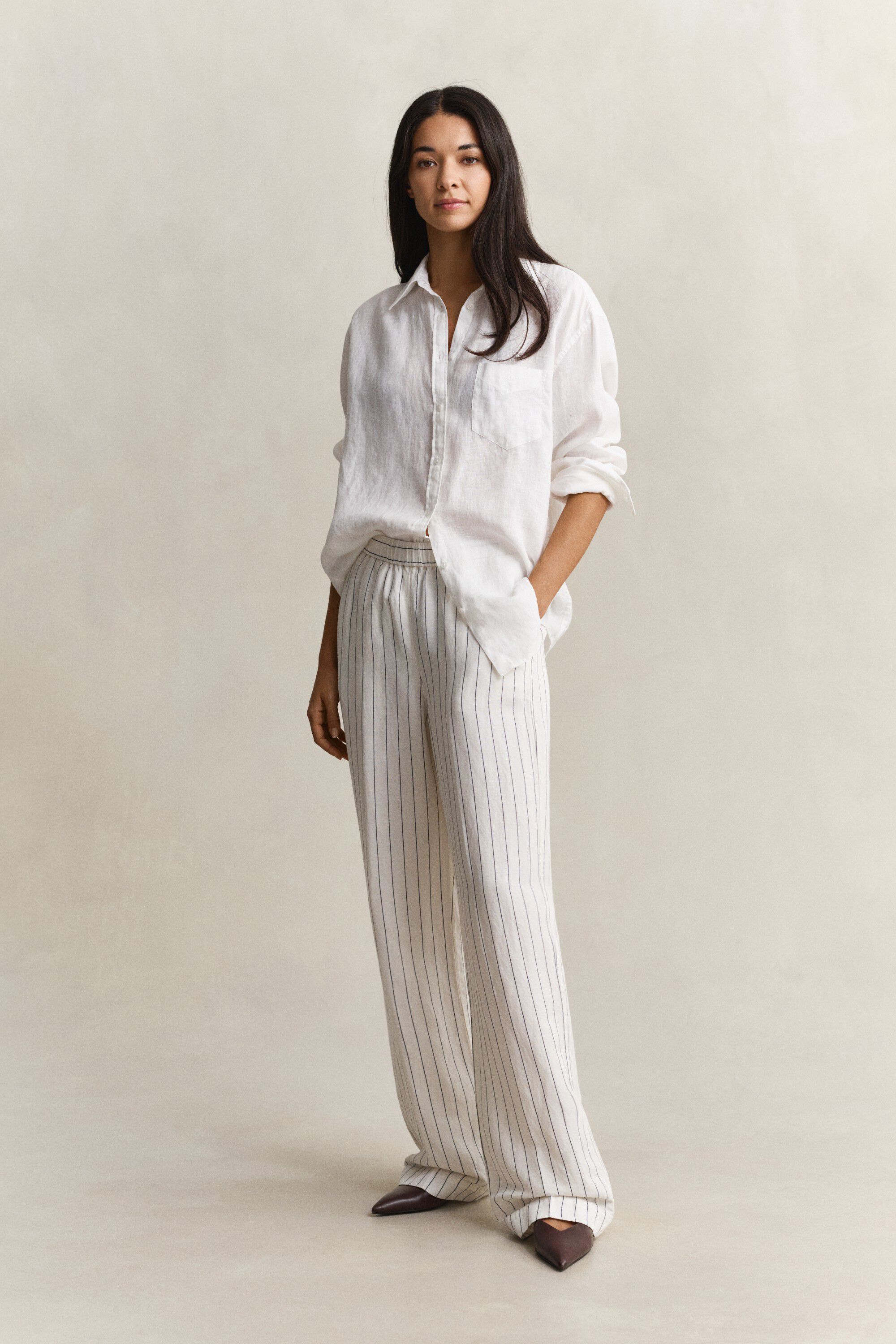 STRIPED LINEN BLEND PULL ON PANTS