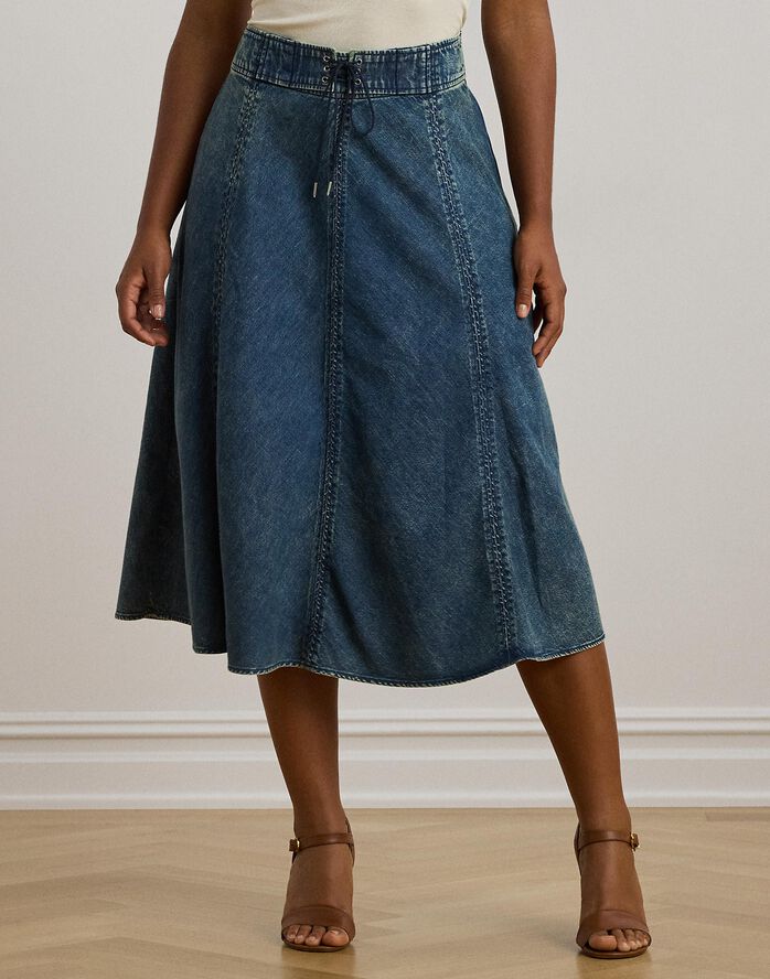 Denim Drawcord Midi Skirt