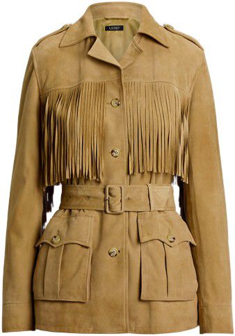 Fringe-Trim Belted Goat-Suede Jacket