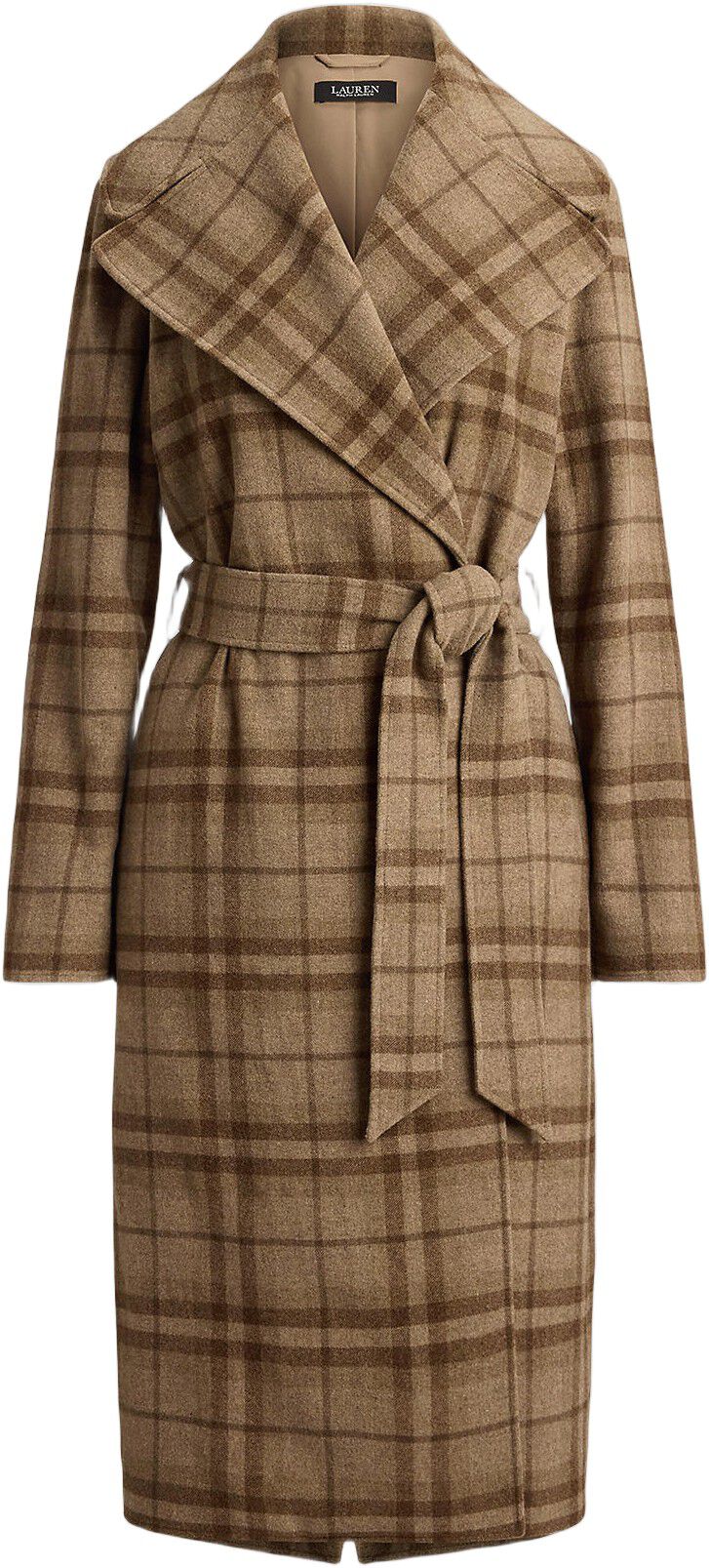 Plaid Wool-Blend Twill Wrap Coat