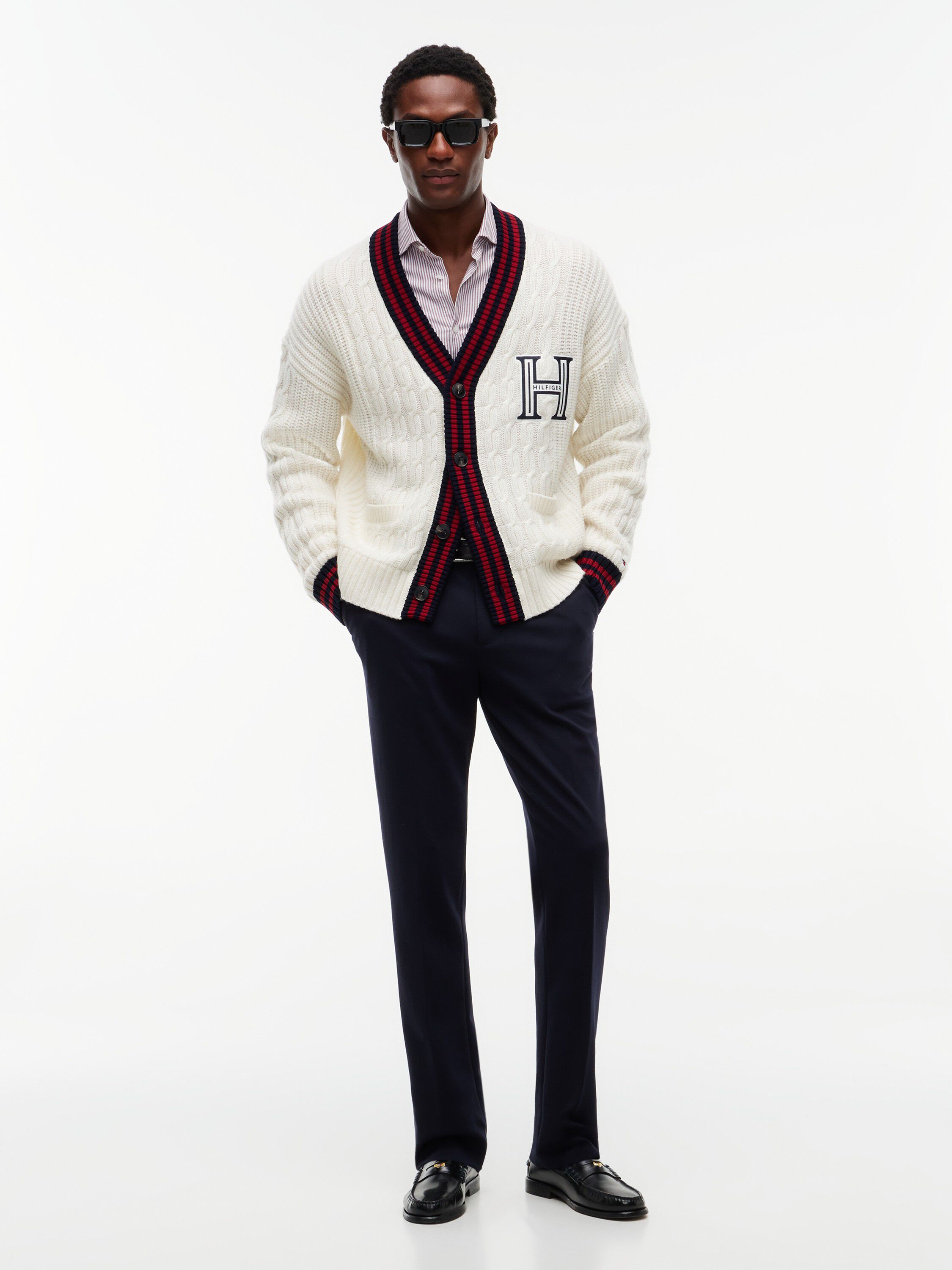 Cable Knit Wool Blend Letterman Cardigan