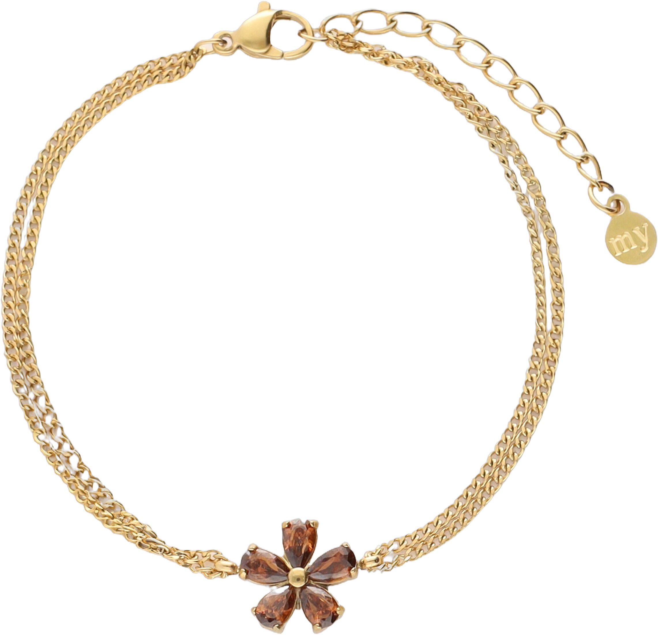 Bracelet dubble chain brown strass flower