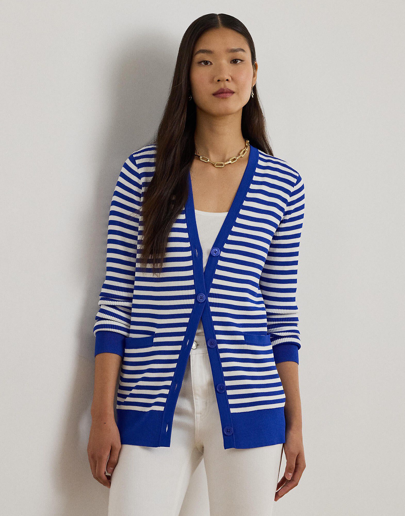 Striped Rib-Knit V-Neck Cardigan