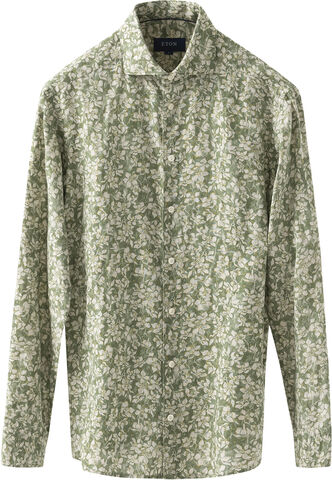 Slim Fit Mid Green Floral Linen Shirt