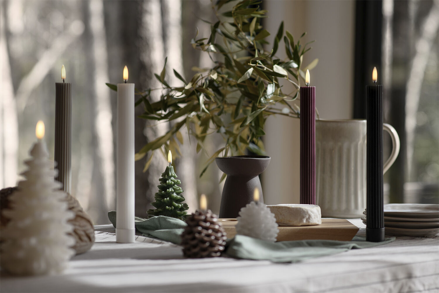 LED taper candle grooved, Wine red, smooth, 2-pack, 3,2x25,5