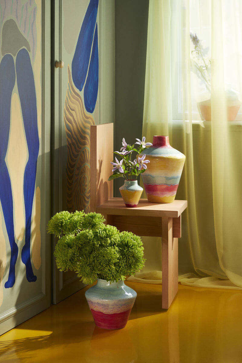 Poppery Vase med &aelig;ble H32 cm pink/mint/gul