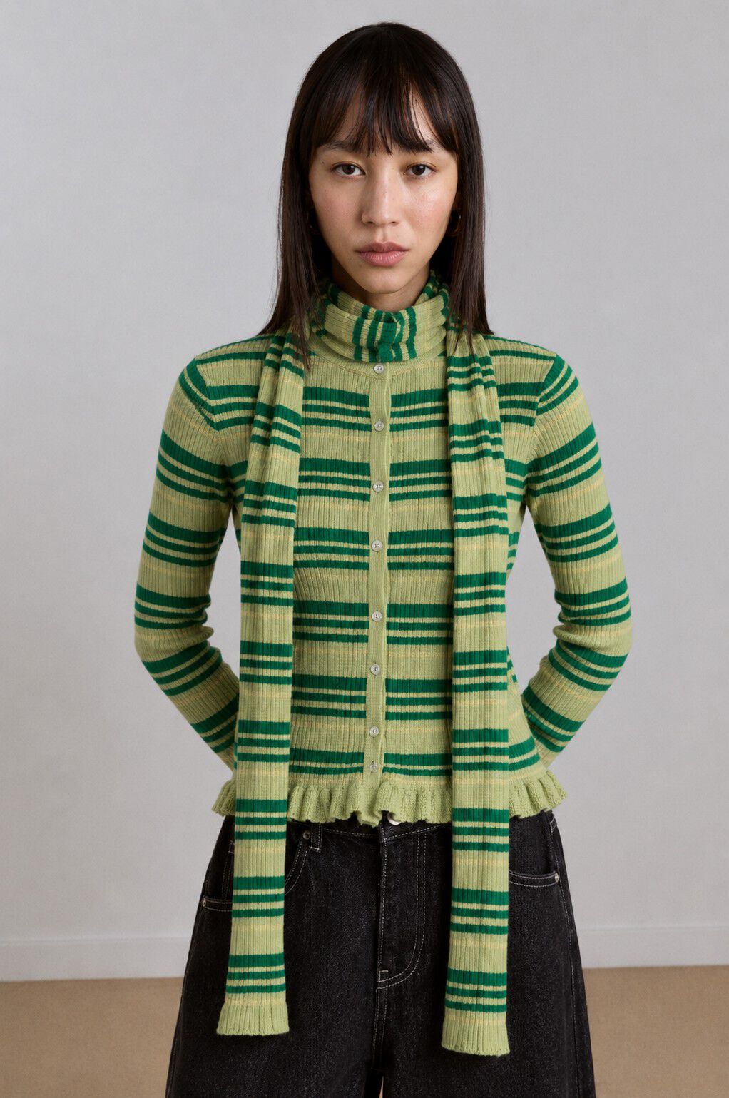 ANELIS COTTON MERINO BLEND CARDIGAN- GREEN STRIPE