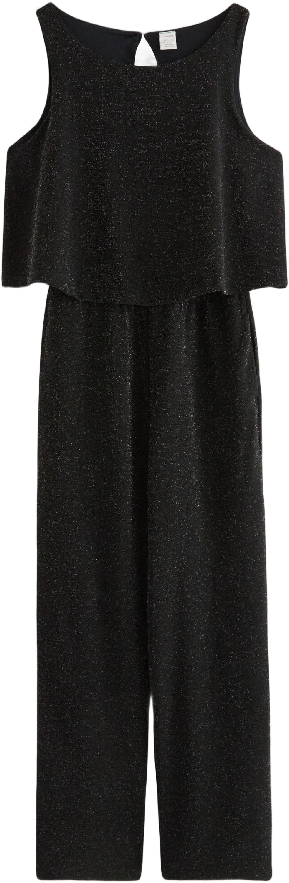 Glitrende, &aelig;rmel&oslash;s buksedragt med b