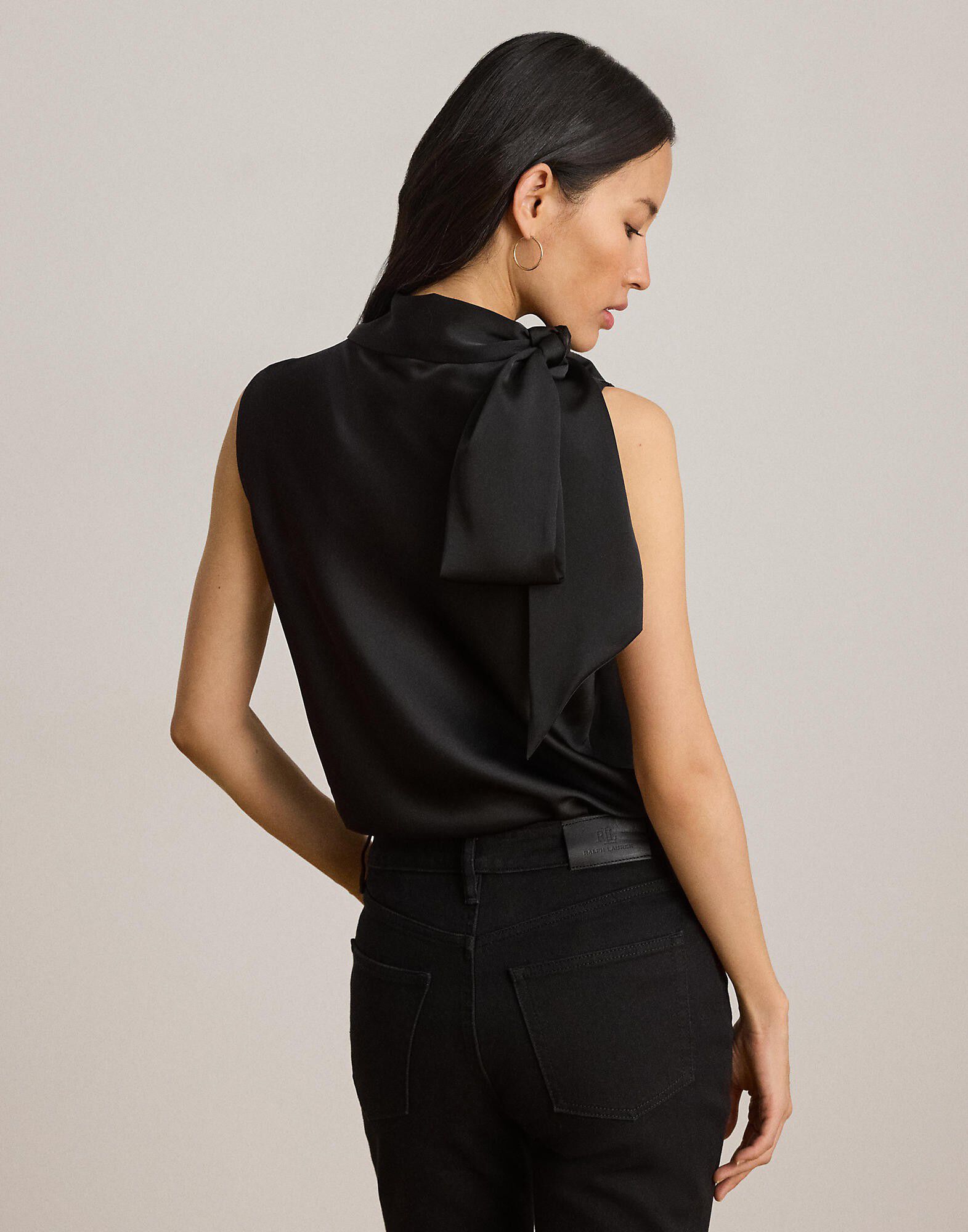 Tie-Neck Charmeuse Sleeveless Blouse