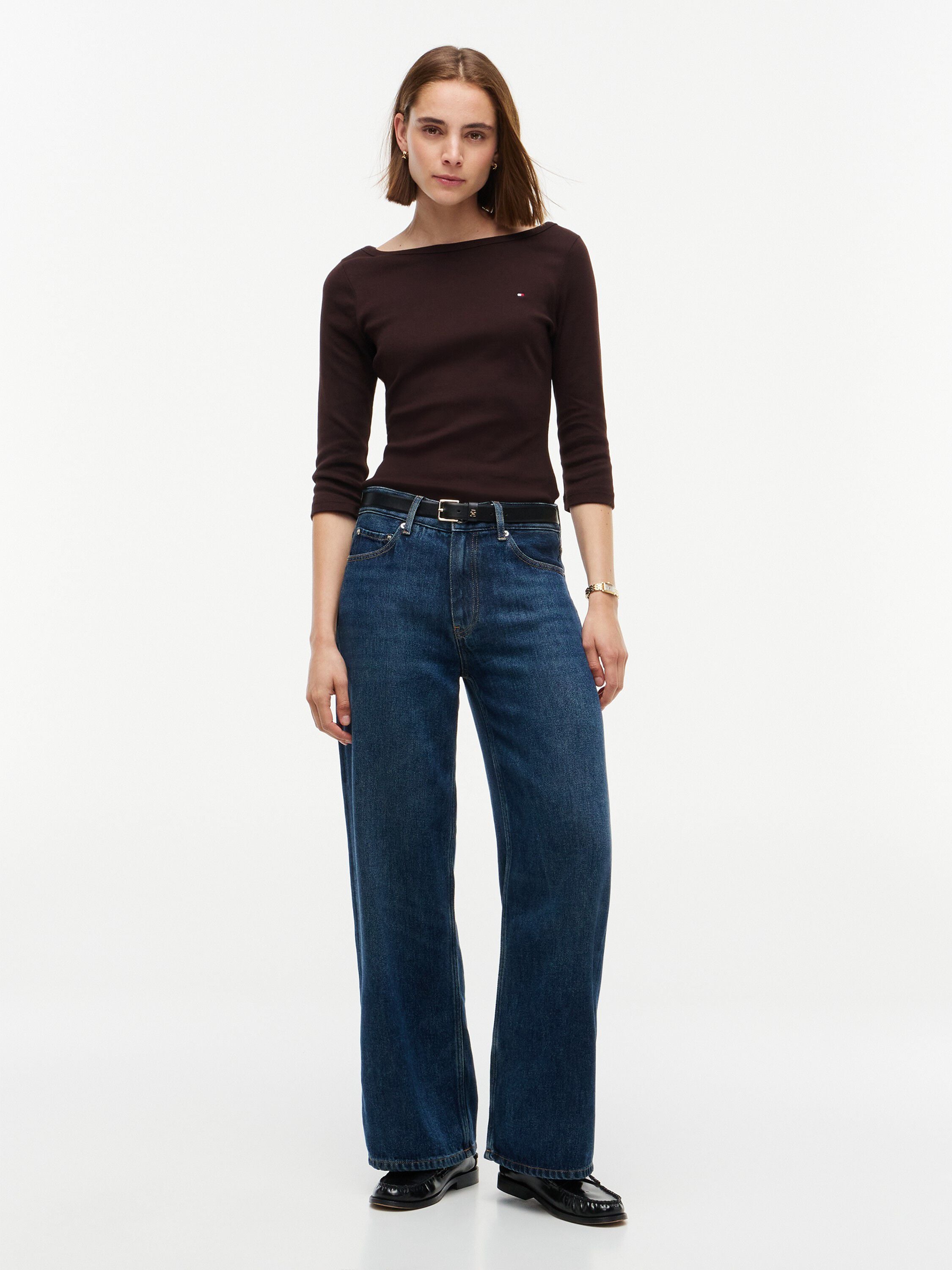 Slim Boat Neck Three-Quarter Sleeve T-Shirt