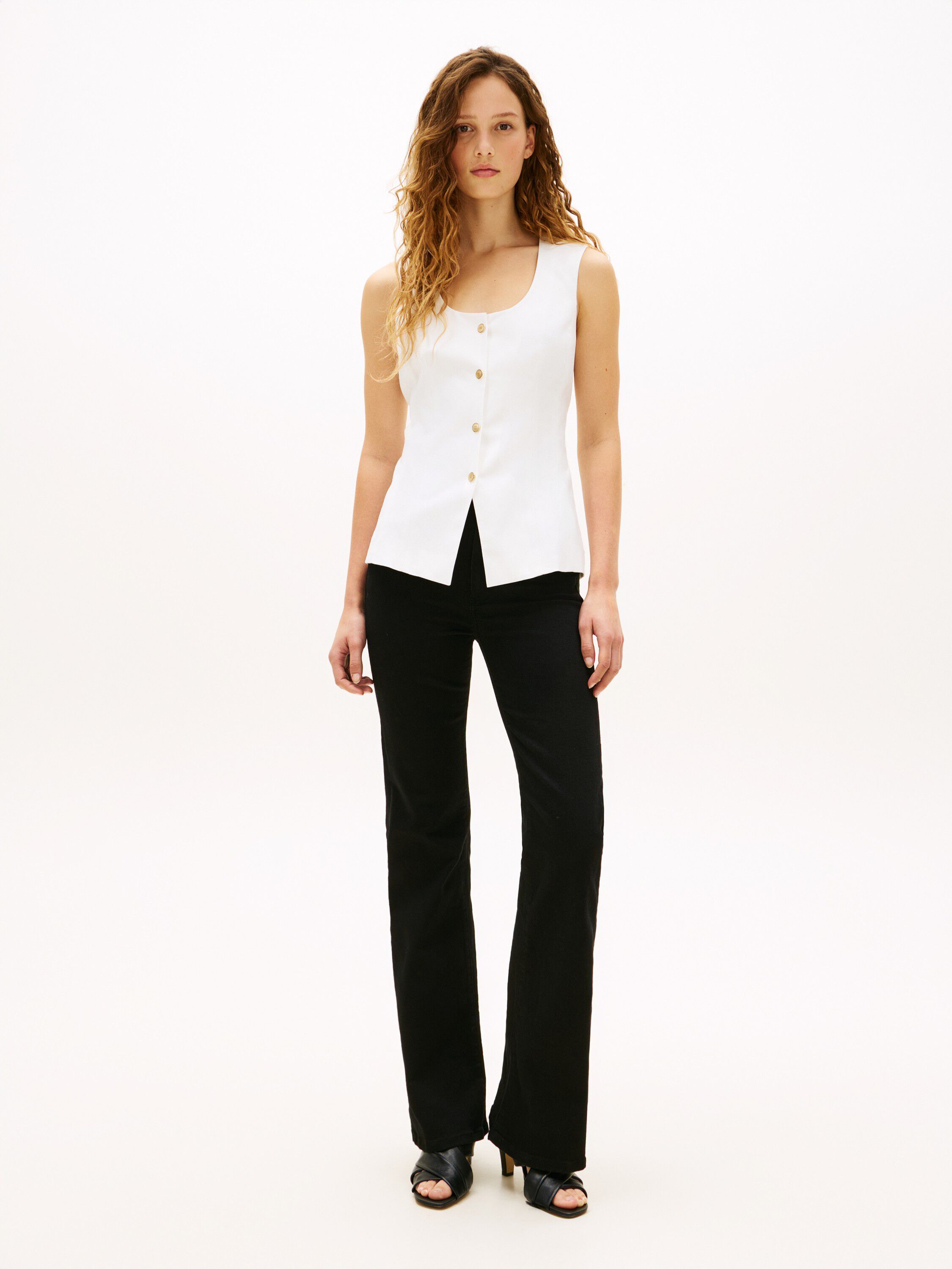 Gold-Tone Button Linen Blend Slim Waistcoat