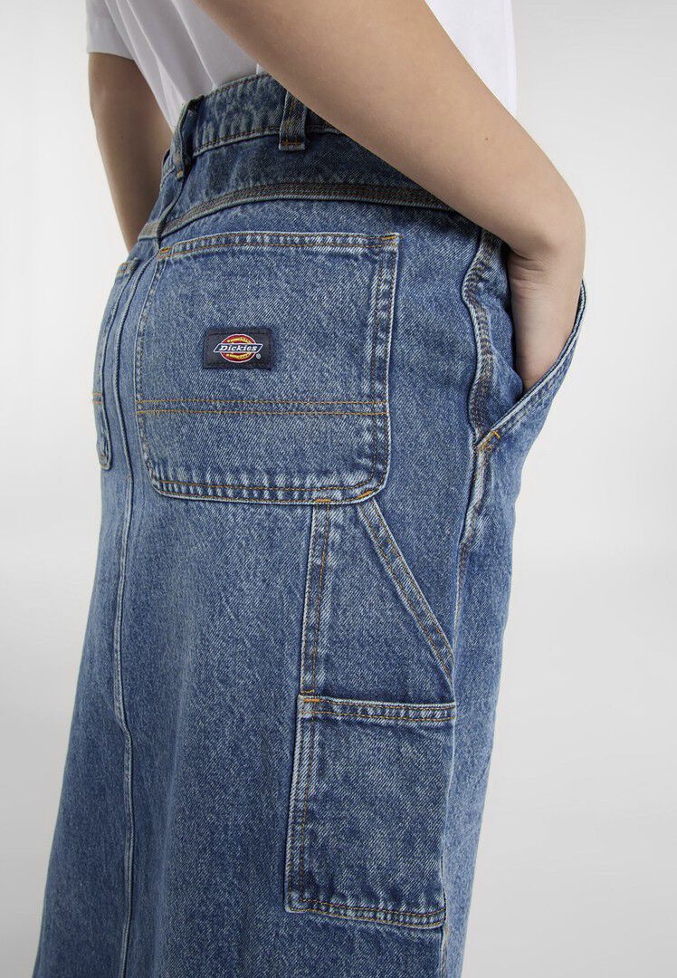 LONG DENIM CARPENTER SKIRT W RINSED