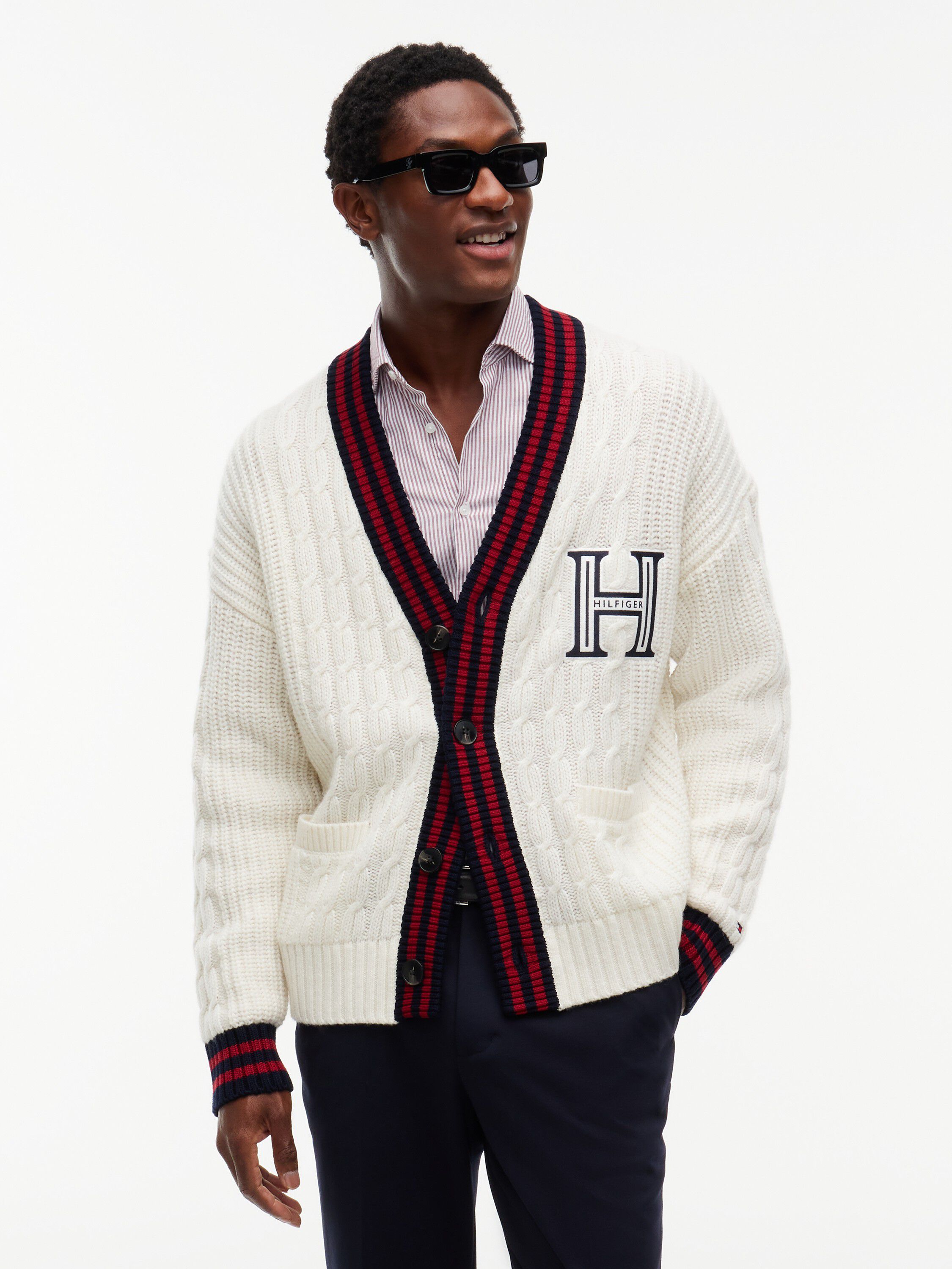 Cable Knit Wool Blend Letterman Cardigan