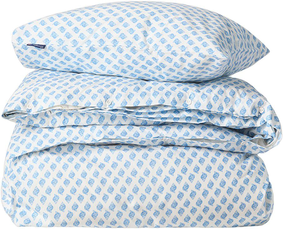 Senges�t med tryk i bomuld poplin hvid/bl�