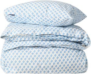 Senges�t med tryk i bomuld poplin hvid/bl�