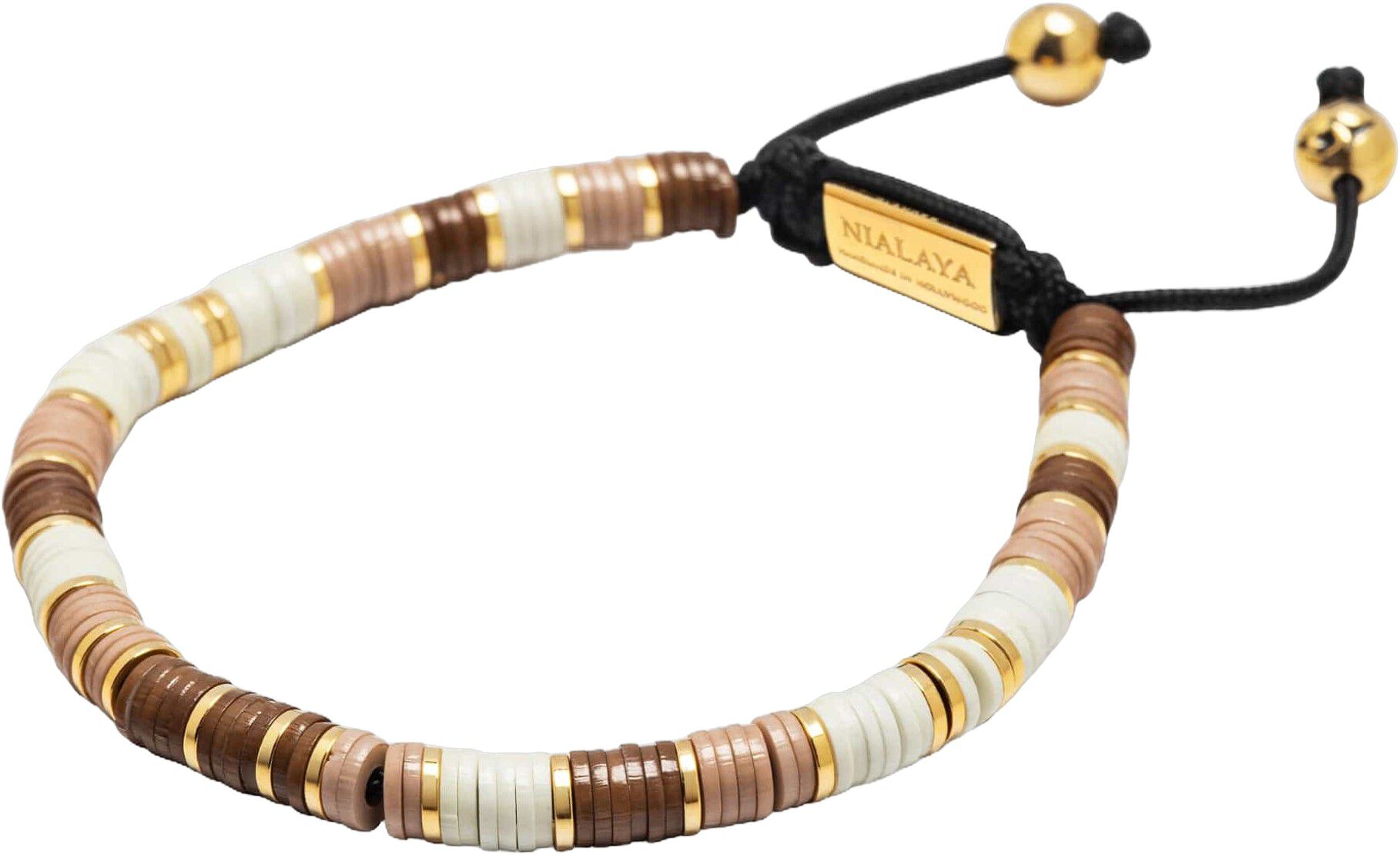 Men's Beaded Bracelet with Brown, Beige and Gold Disc Beads