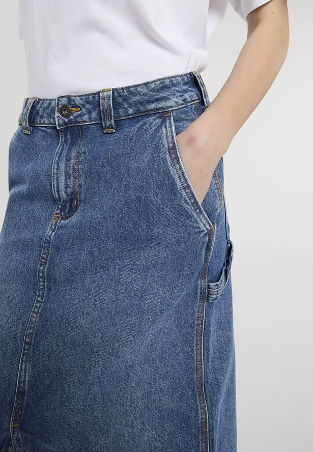 LONG DENIM CARPENTER SKIRT W RINSED