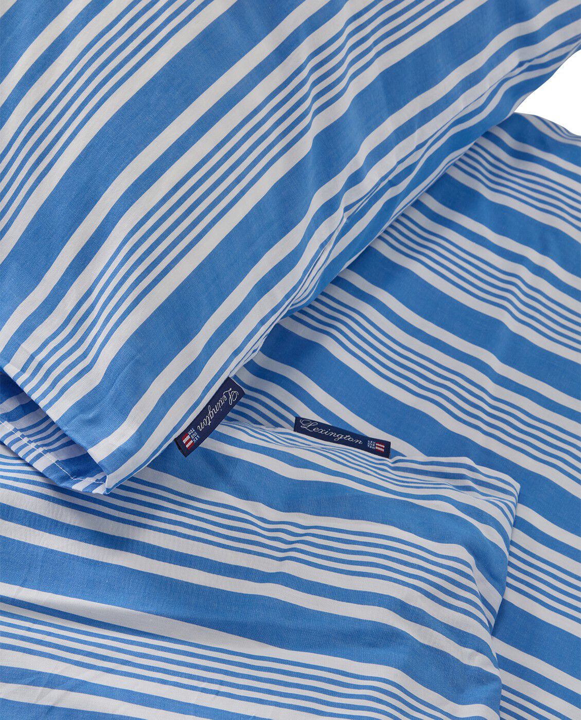 Stribet senges�t i bomuld poplin bl�/hvid