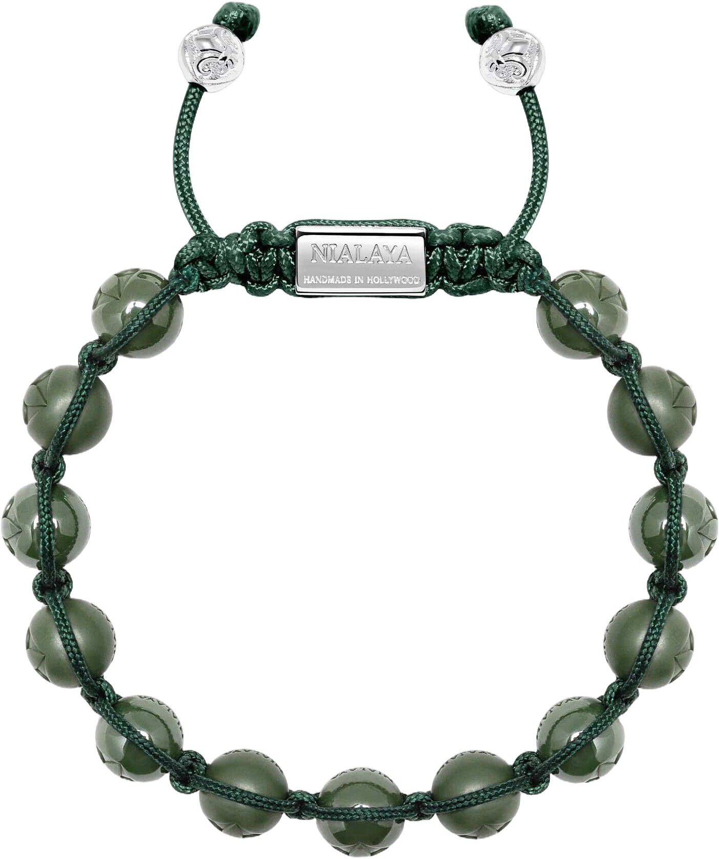 Men's Beaded Bracelet with Glossy Green, Matte Green Ceramic & Silver