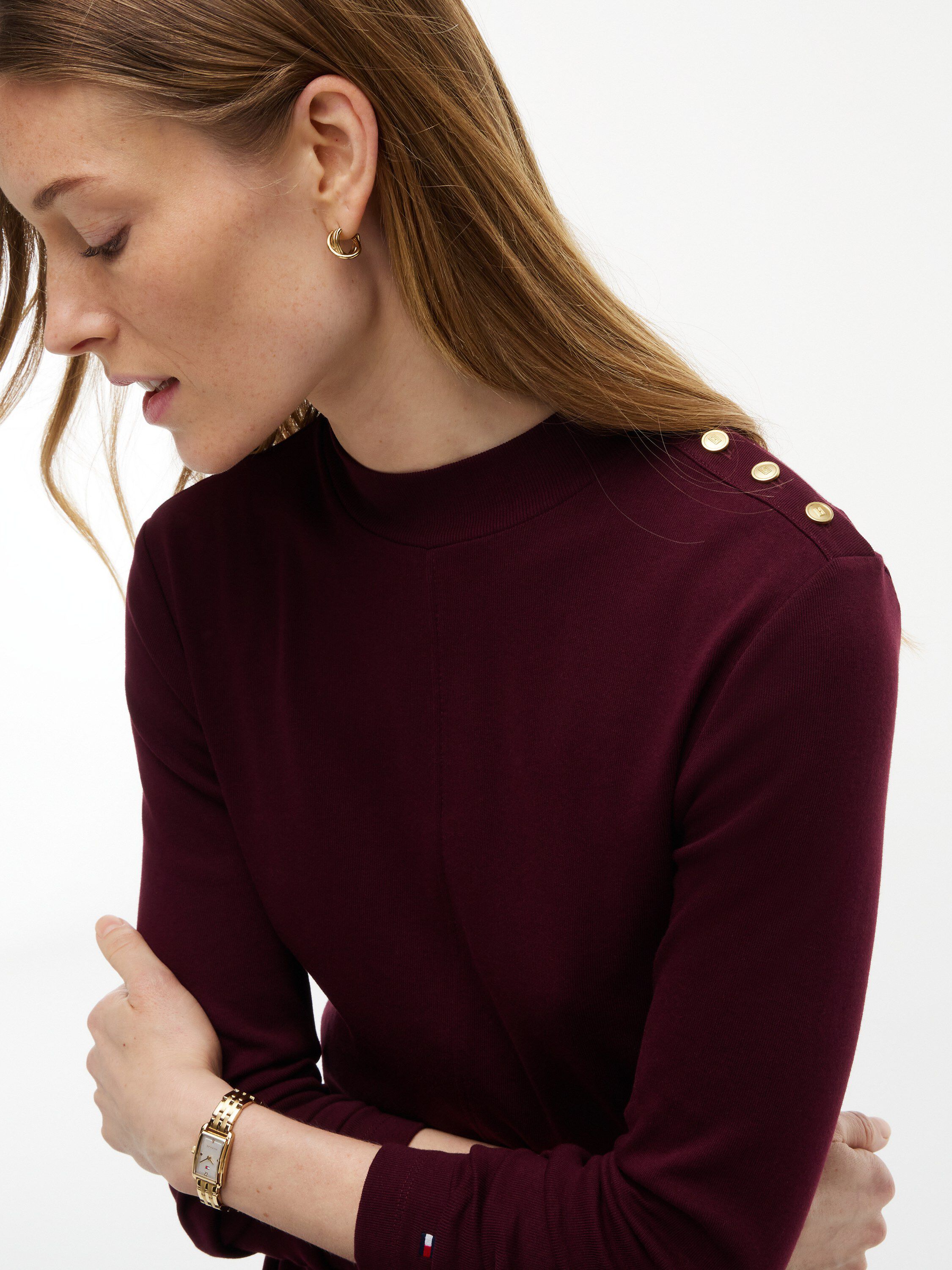 Gold-Tone Button Long Sleeve Midi Flare Dress
