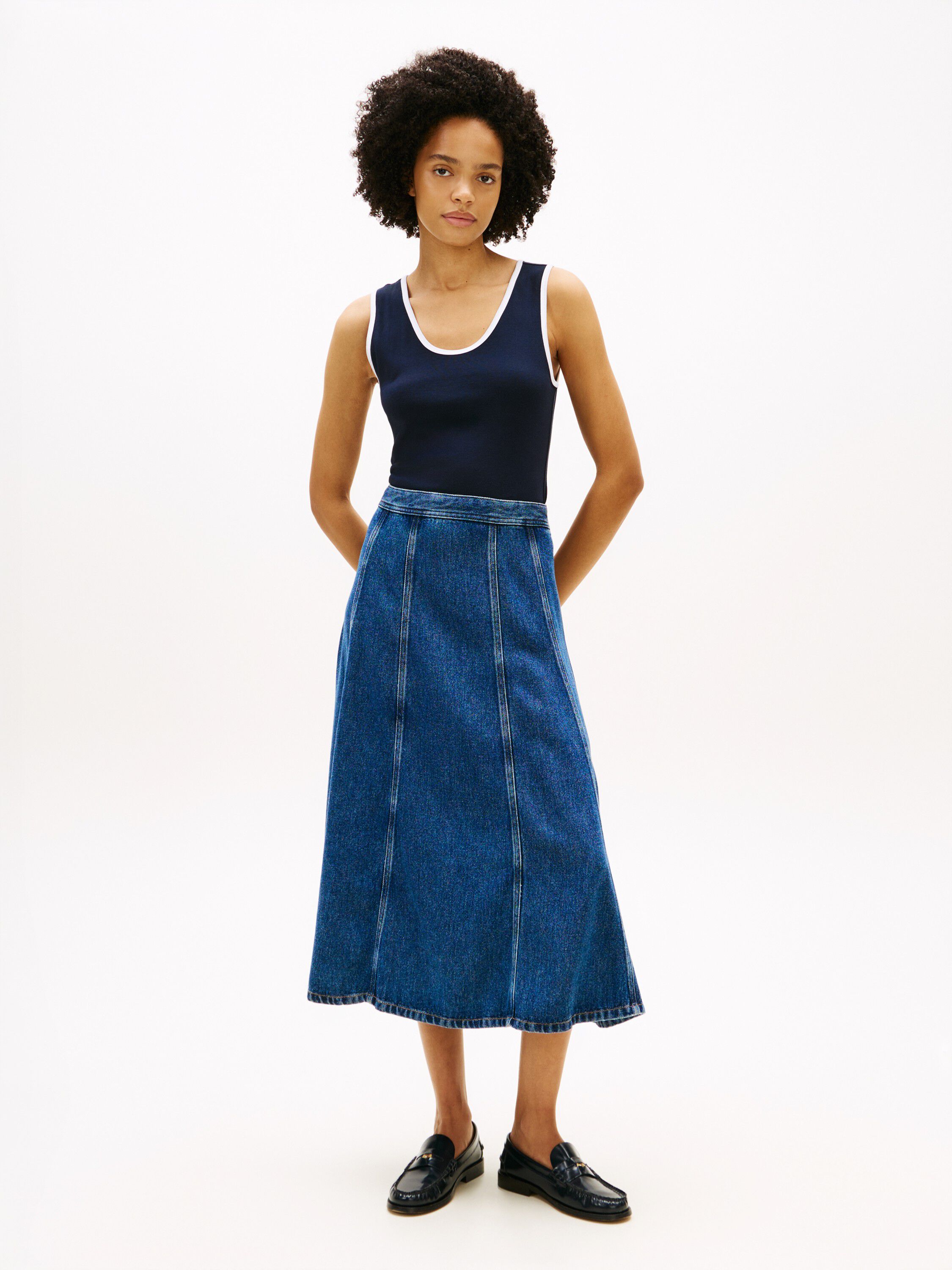 High Waisted Flared Denim Midi Skirt