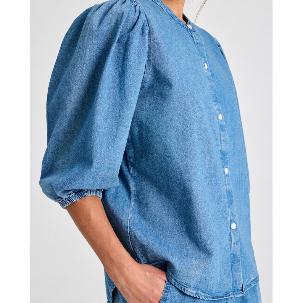 Elinor L/S Cotton Denim Light Washed Stand Collar Shirt GOTS
