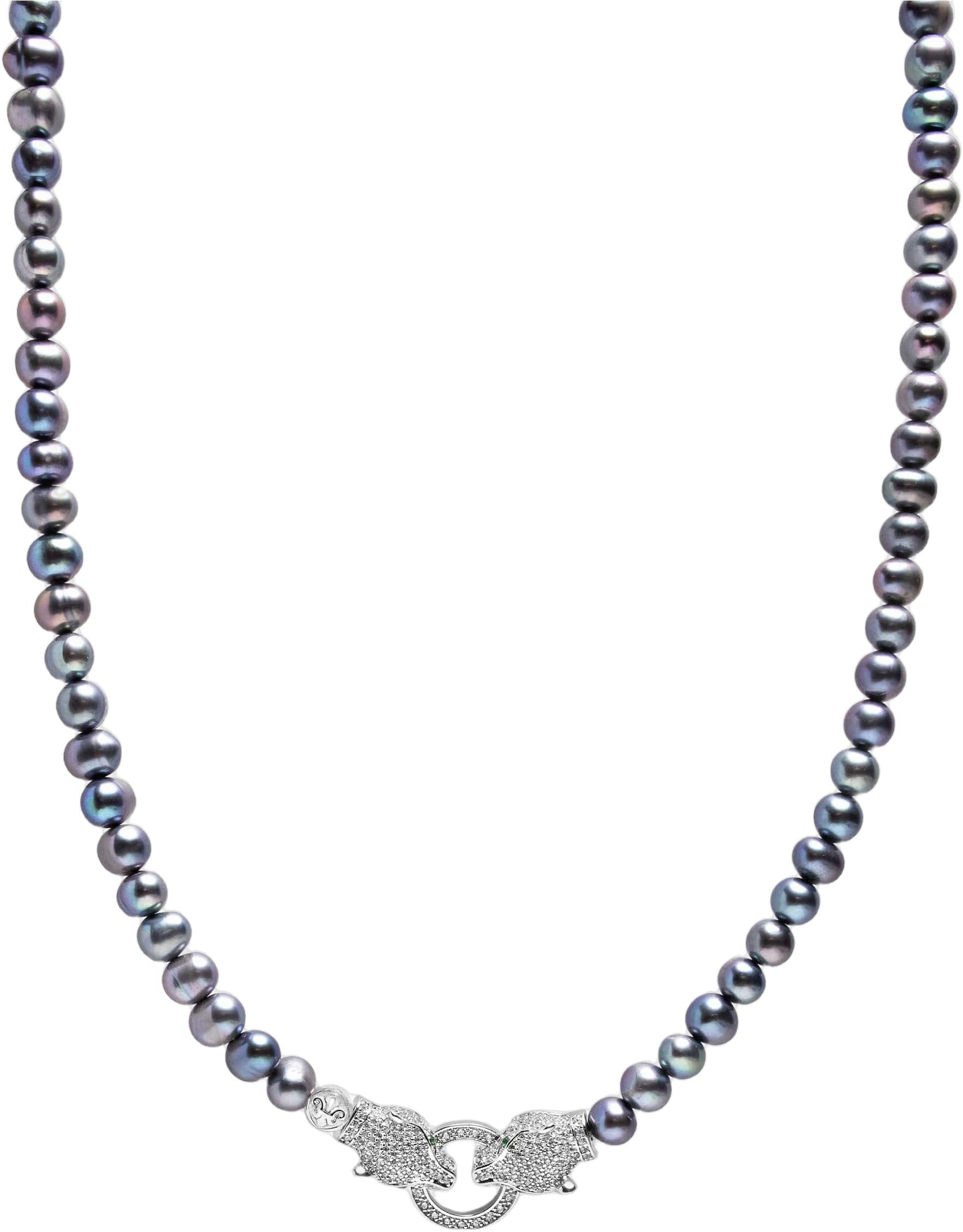 Black Pearl Choker with Double Panther Head in Silver